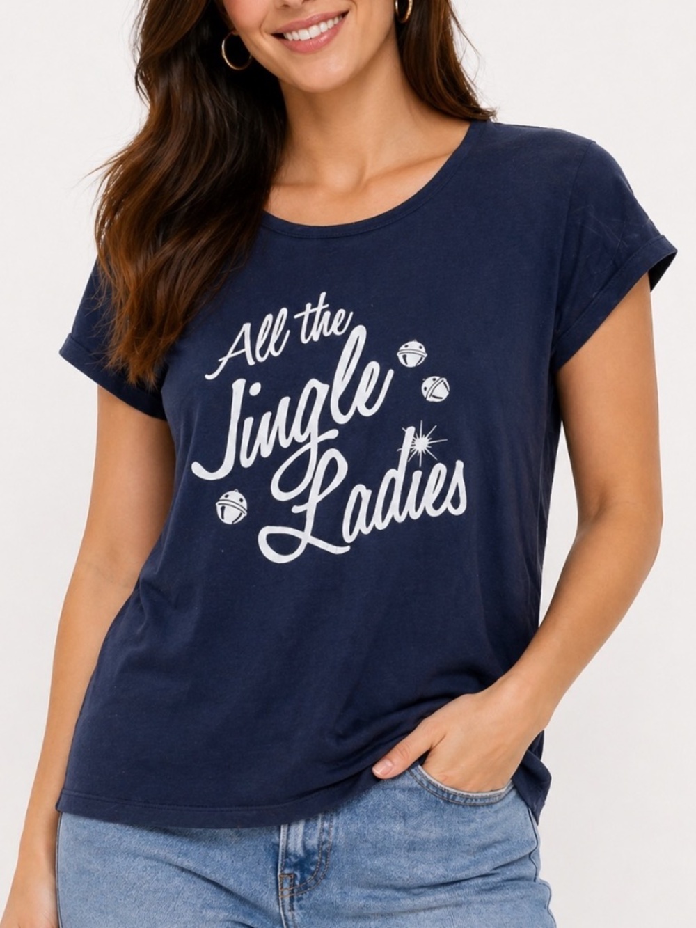 George T-Shirt Womens Size 1X Blue Graphic All the Jingle Ladies Casual Fun